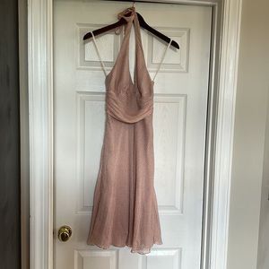 BCBG MAXAZRIA taupe halter dress, size 4, 68 percent silk, 32 percent rayon.